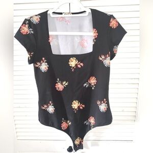 Infinitely Free People Womens Bodysuit Black Floral One Piece Square Neck Large